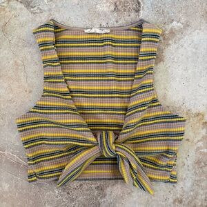 Multi Striped Ribbed Tie Front Crop Top Women’s Medium Beach Vacation Boho Surf